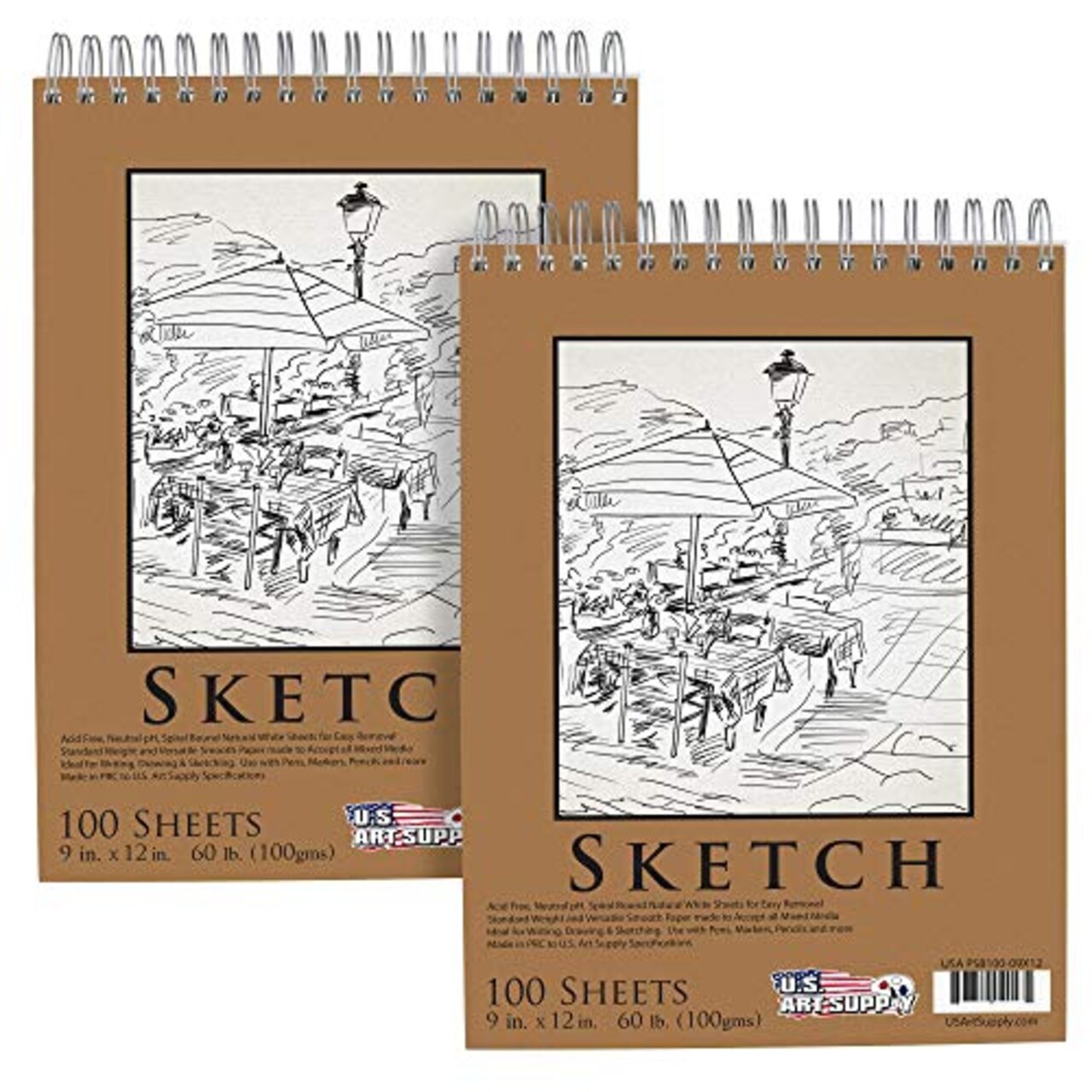 9" x 12" Top Spiral Bound Sketch Book Pad, Pack of 2, 100 Sheets Each, 60lb (100gsm) - Artist Sketching Drawing Pad, Acid-Free - Graphite Colored Pencils, Charcoal - Adults, Students